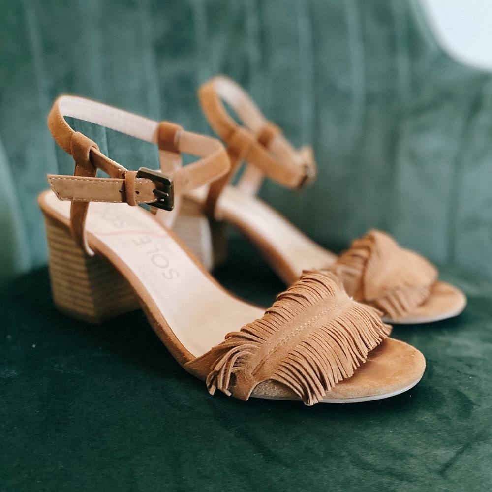 Sole Society Tan Suede Fringe Ankle Strap Block Heel Sandals